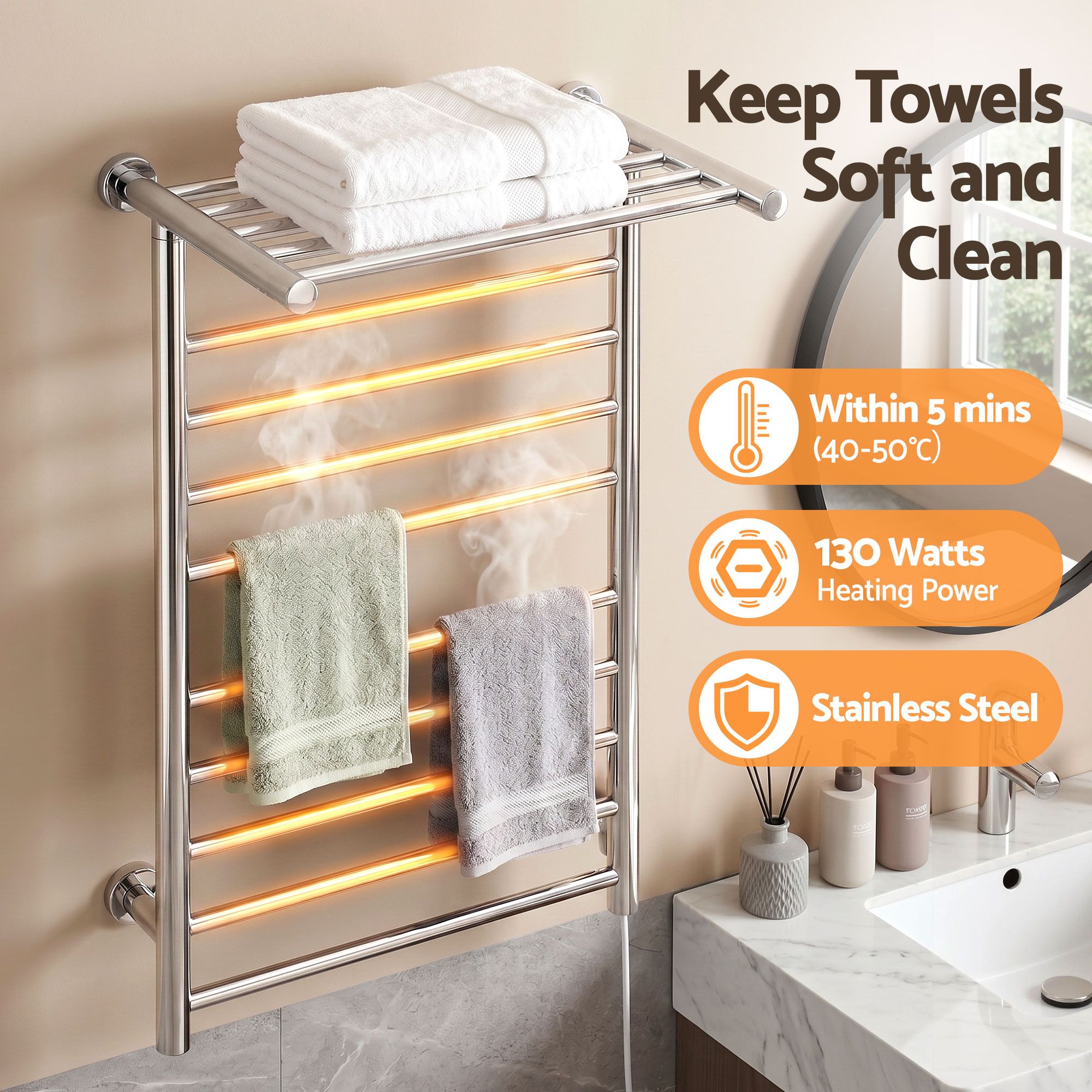 Heated Towel Rail – Wall Mounted 14‑Bar, Stainless Steel, 40–50°C, 130W