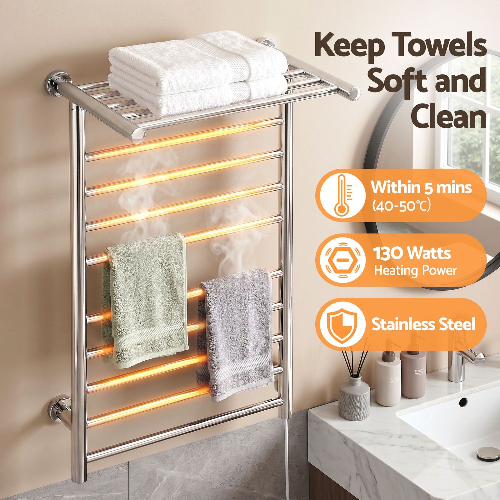 Heated Towel Rail – Wall Mounted 14‑Bar, Stainless Steel, 40–50°C, 130W