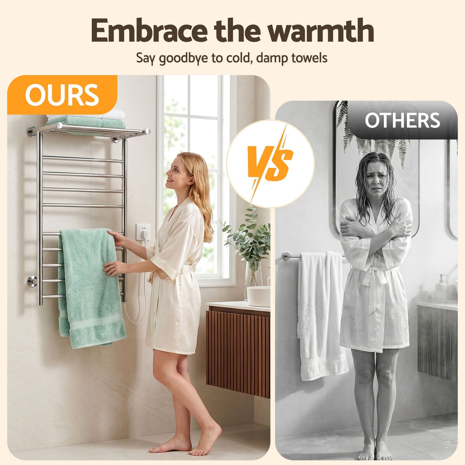 Heated Towel Rail – Wall Mounted 14‑Bar, Stainless Steel, 40–50°C, 130W