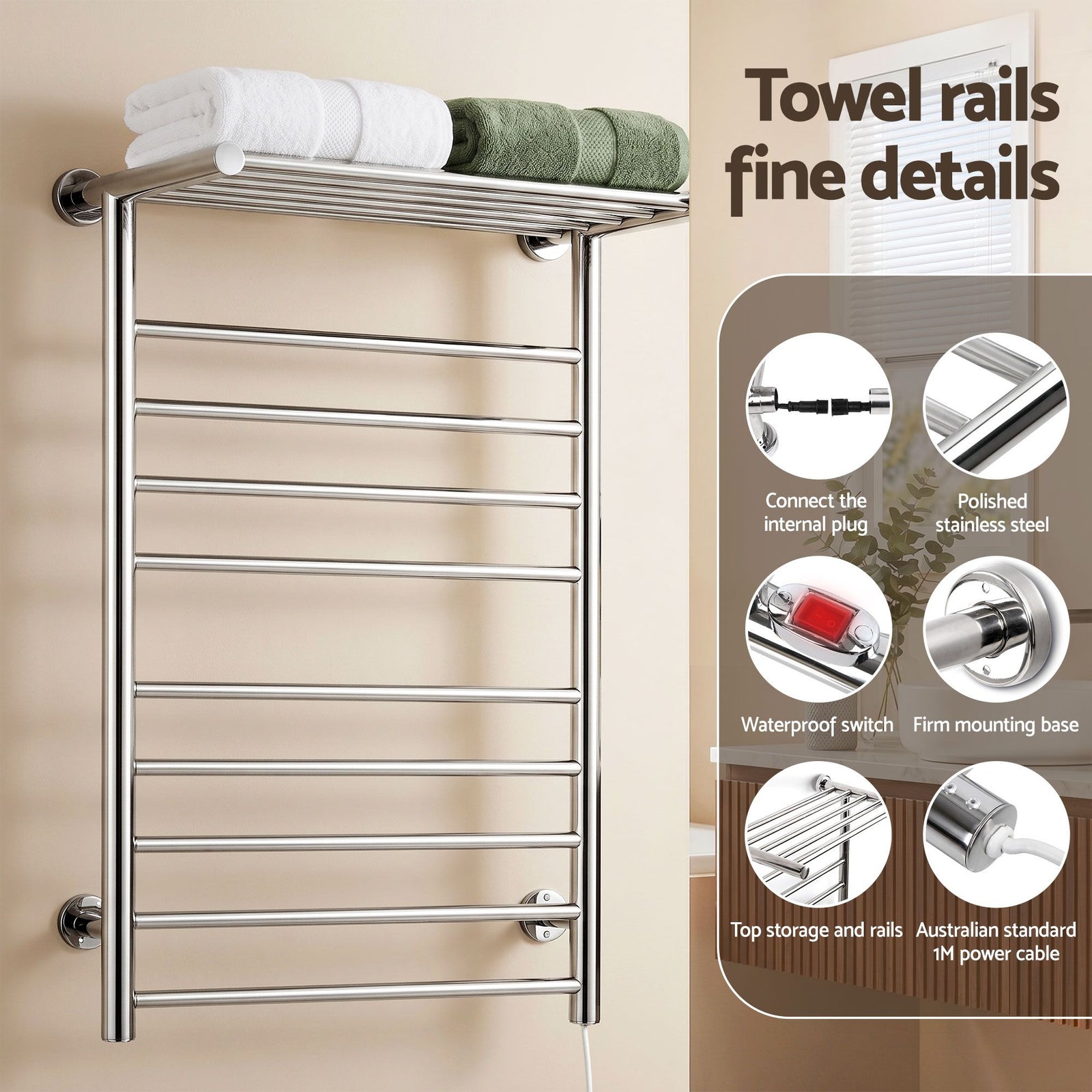 Heated Towel Rail – Wall Mounted 14‑Bar, Stainless Steel, 40–50°C, 130W