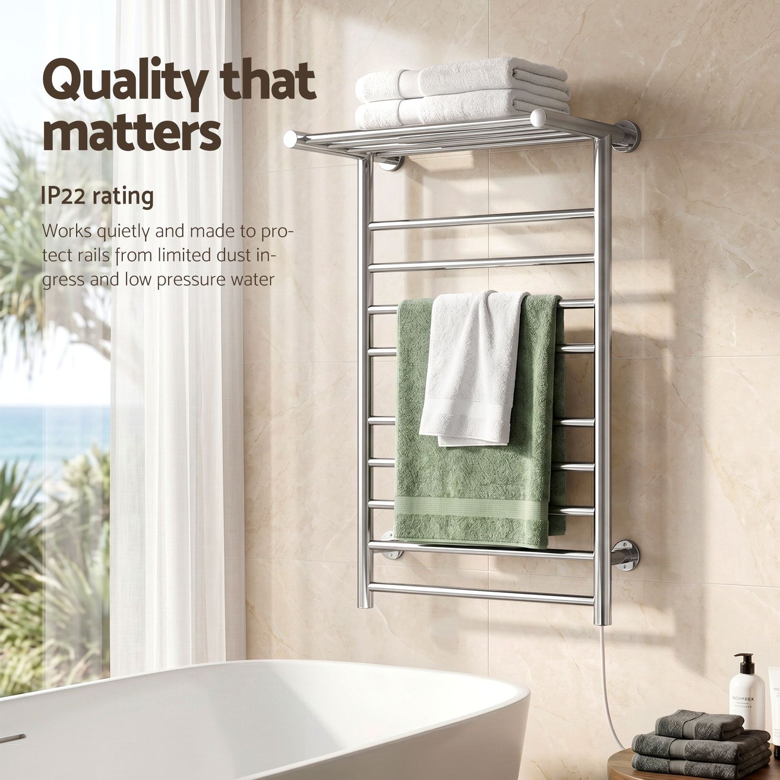 Heated Towel Rail – Wall Mounted 14‑Bar, Stainless Steel, 40–50°C, 130W