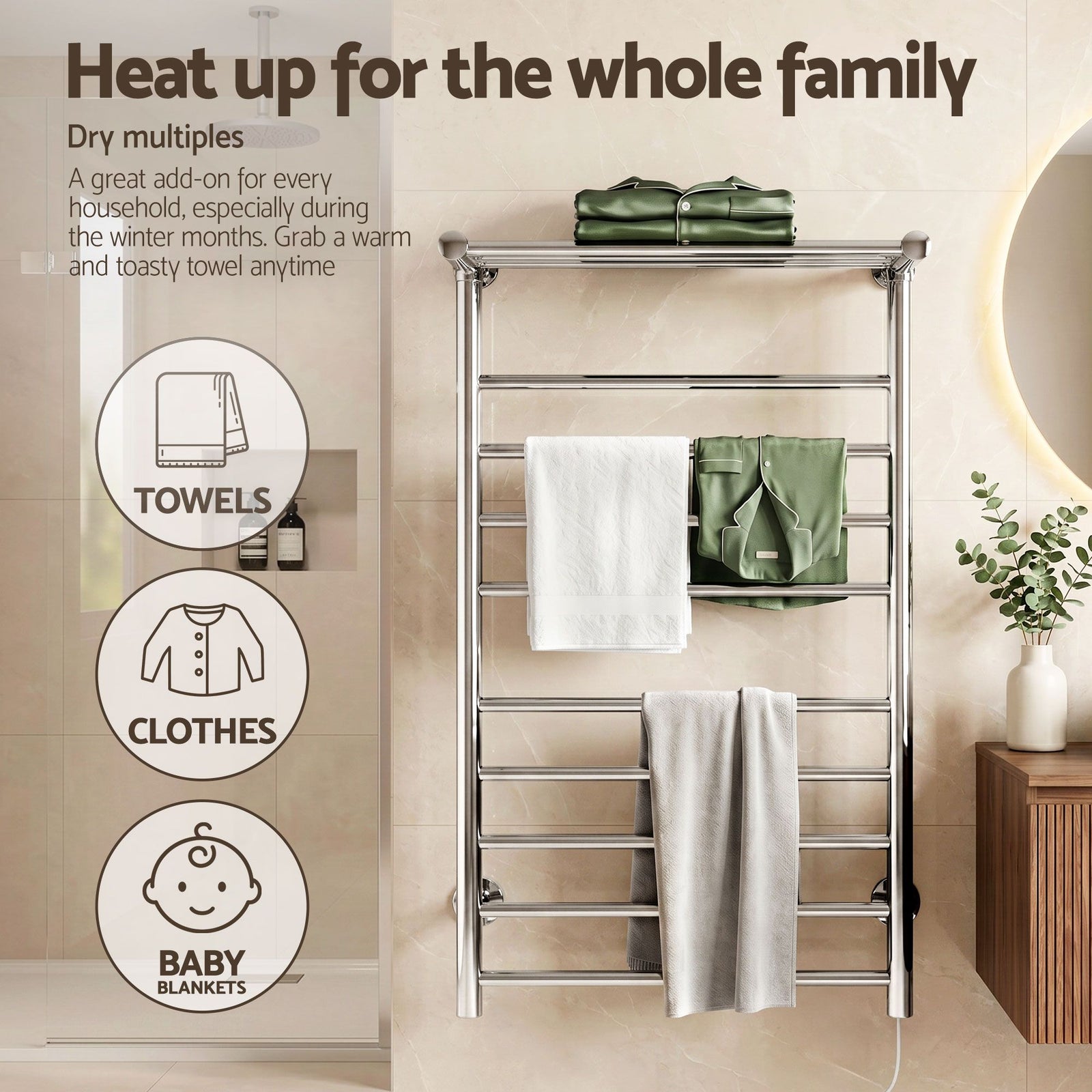 Heated Towel Rail – Wall Mounted 14‑Bar, Stainless Steel, 40–50°C, 130W