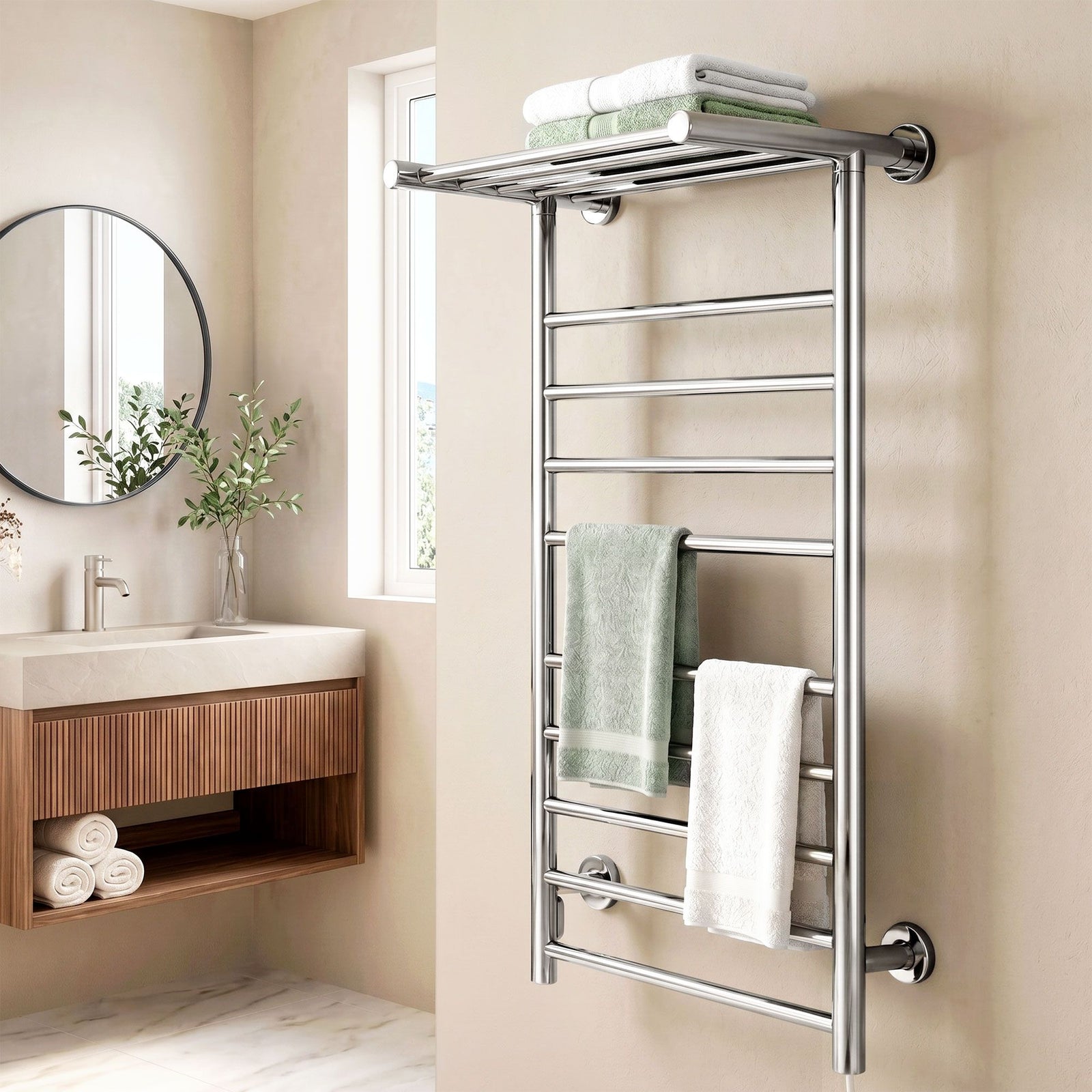 Heated Towel Rail – Wall Mounted 14‑Bar, Stainless Steel, 40–50°C, 130W