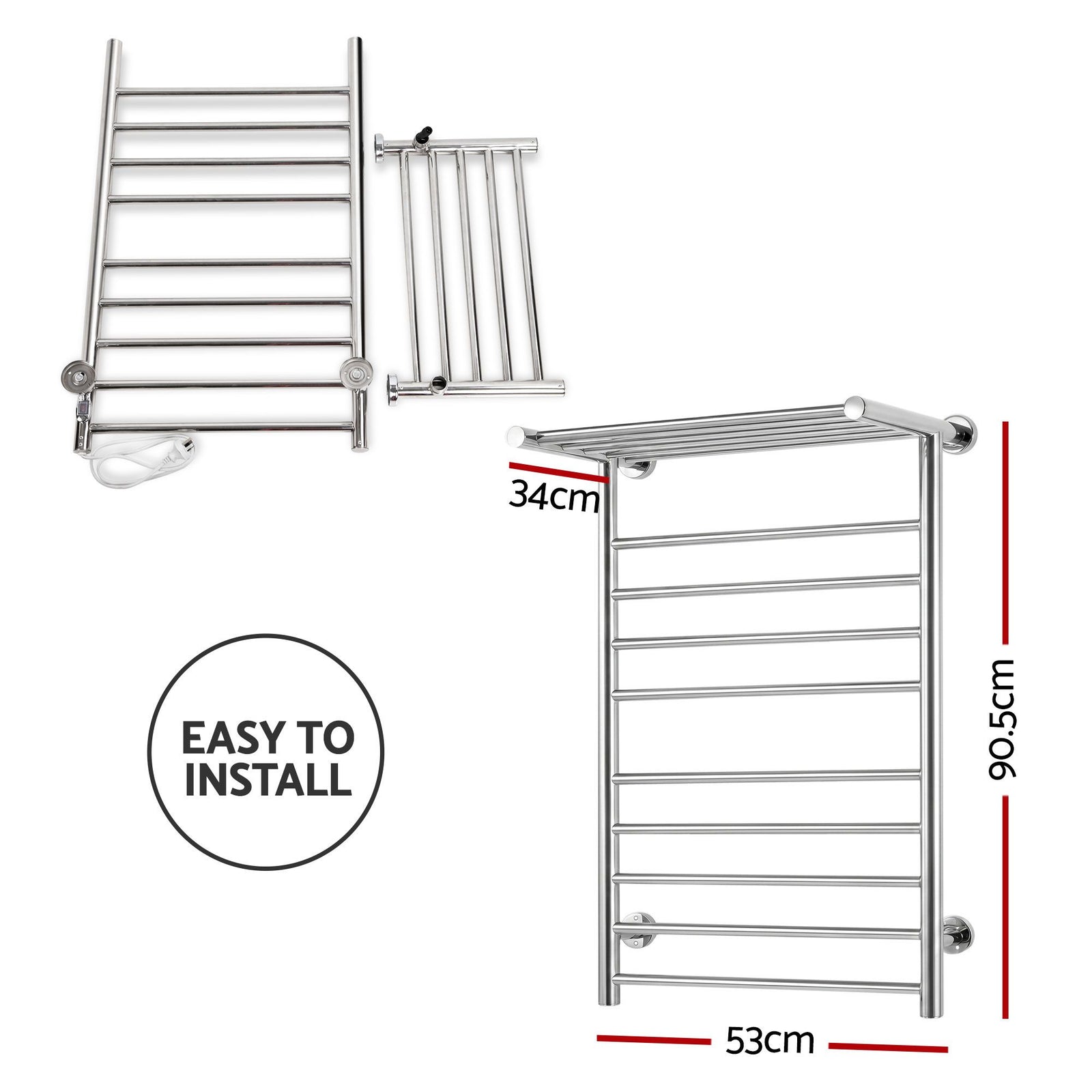 Heated Towel Rail – Wall Mounted 14‑Bar, Stainless Steel, 40–50°C, 130W