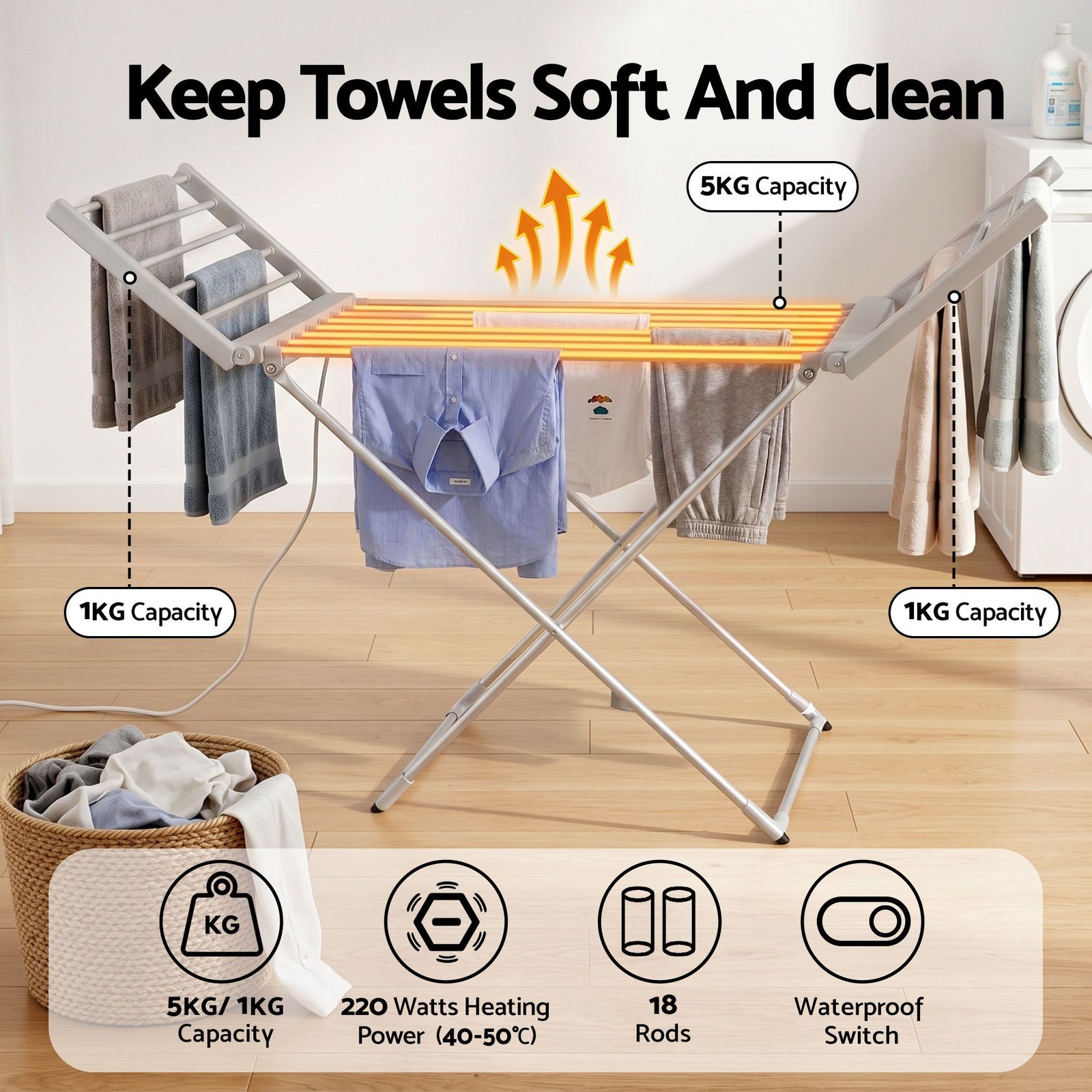 Electric Heated Clothes Airer 18 Rods Foldable Aluminium 220W Dryer