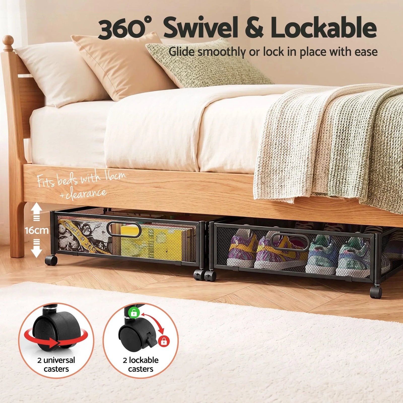 4X Under Bed Storage Containers Metal Boxes Quilt Organiser with Wheels