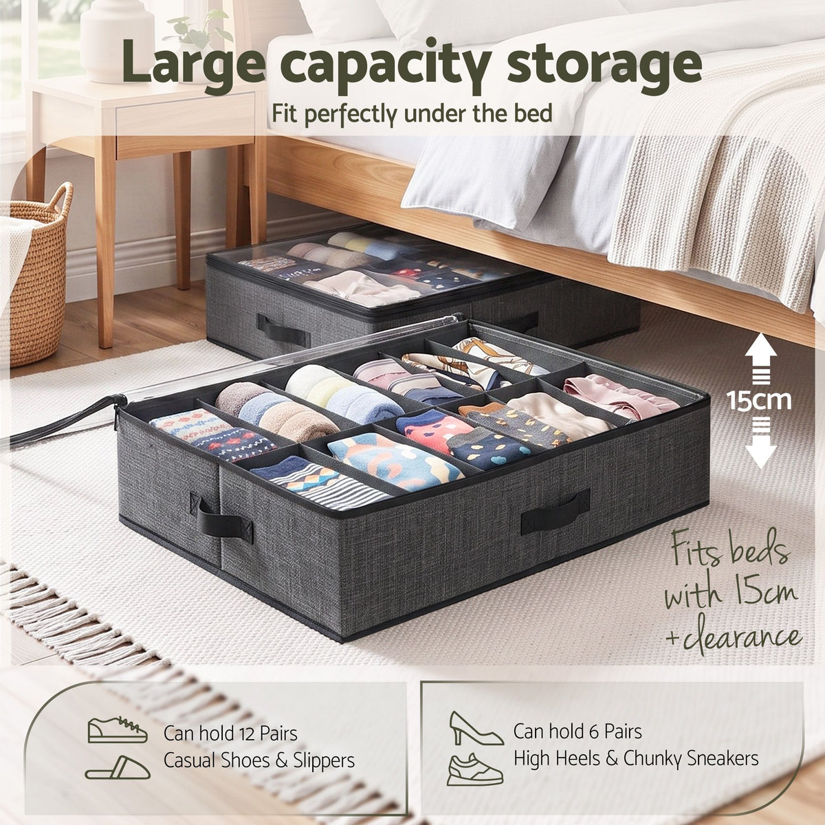 Artiss Under Bed Shoe Storage Containers X2 Box Organiser 12 Pairs Fabric Grey