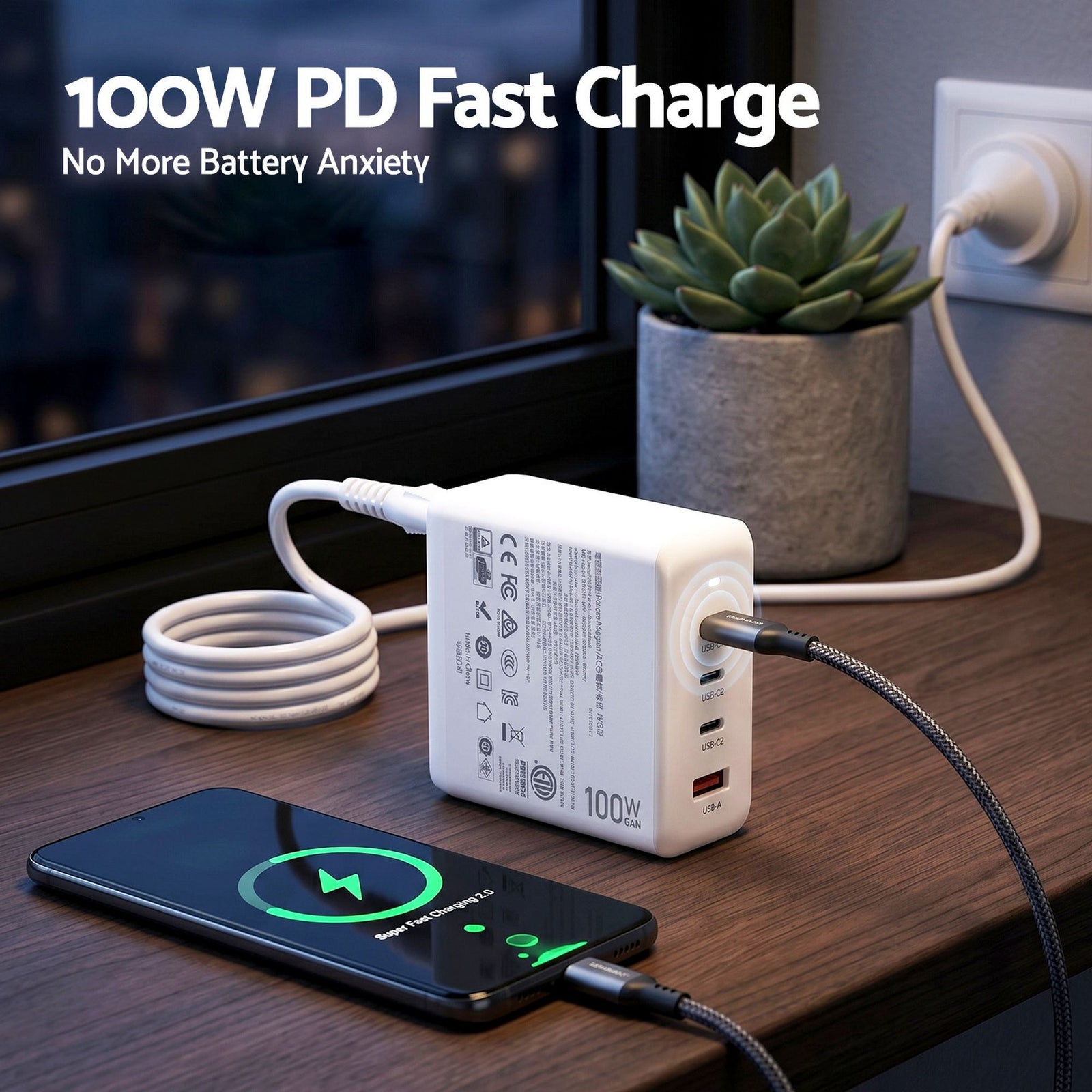 USB C Charger 100W Fast Charger 4 Port GaN Desktop Station White
