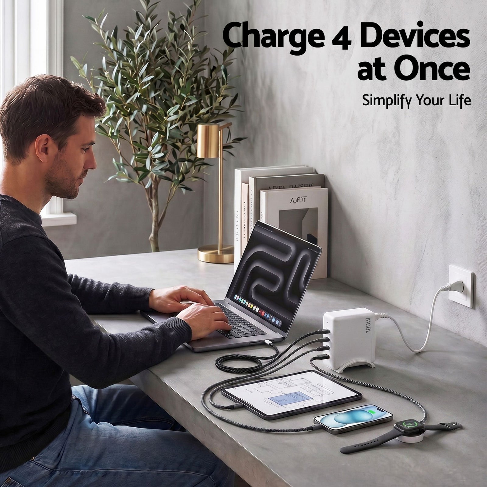USB C Charger 100W Fast Charger 4 Port GaN Desktop Station White