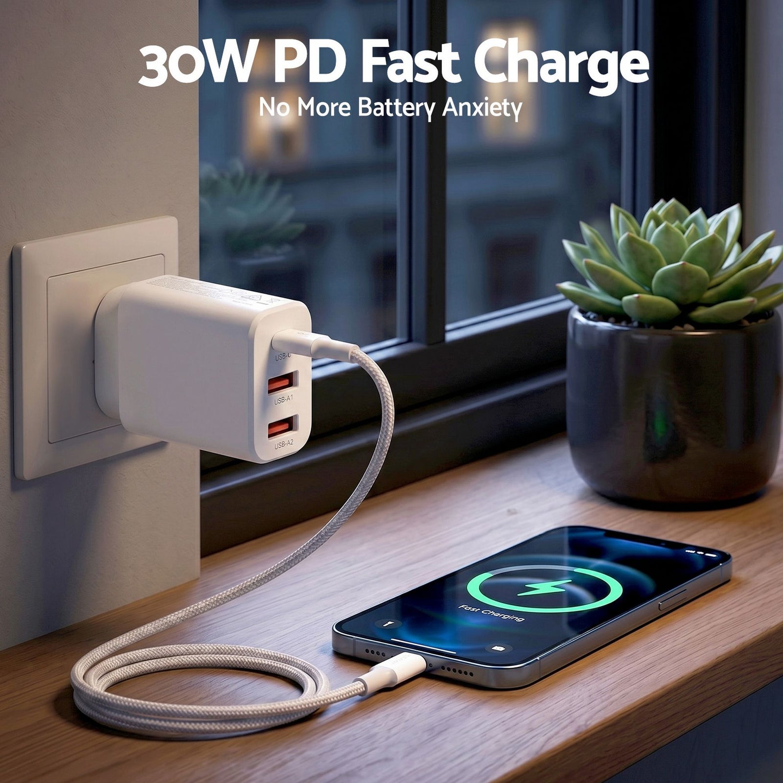 USB C Charger 30W Fast Charger 3 Port PD Charging Block White