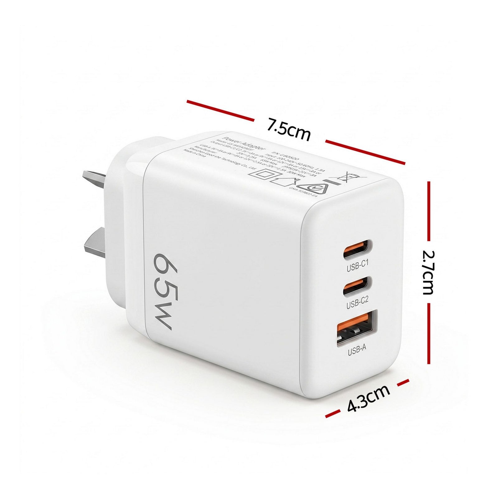 USB C Charger 65W Fast Charger 3 Port PD Wall Adapter White