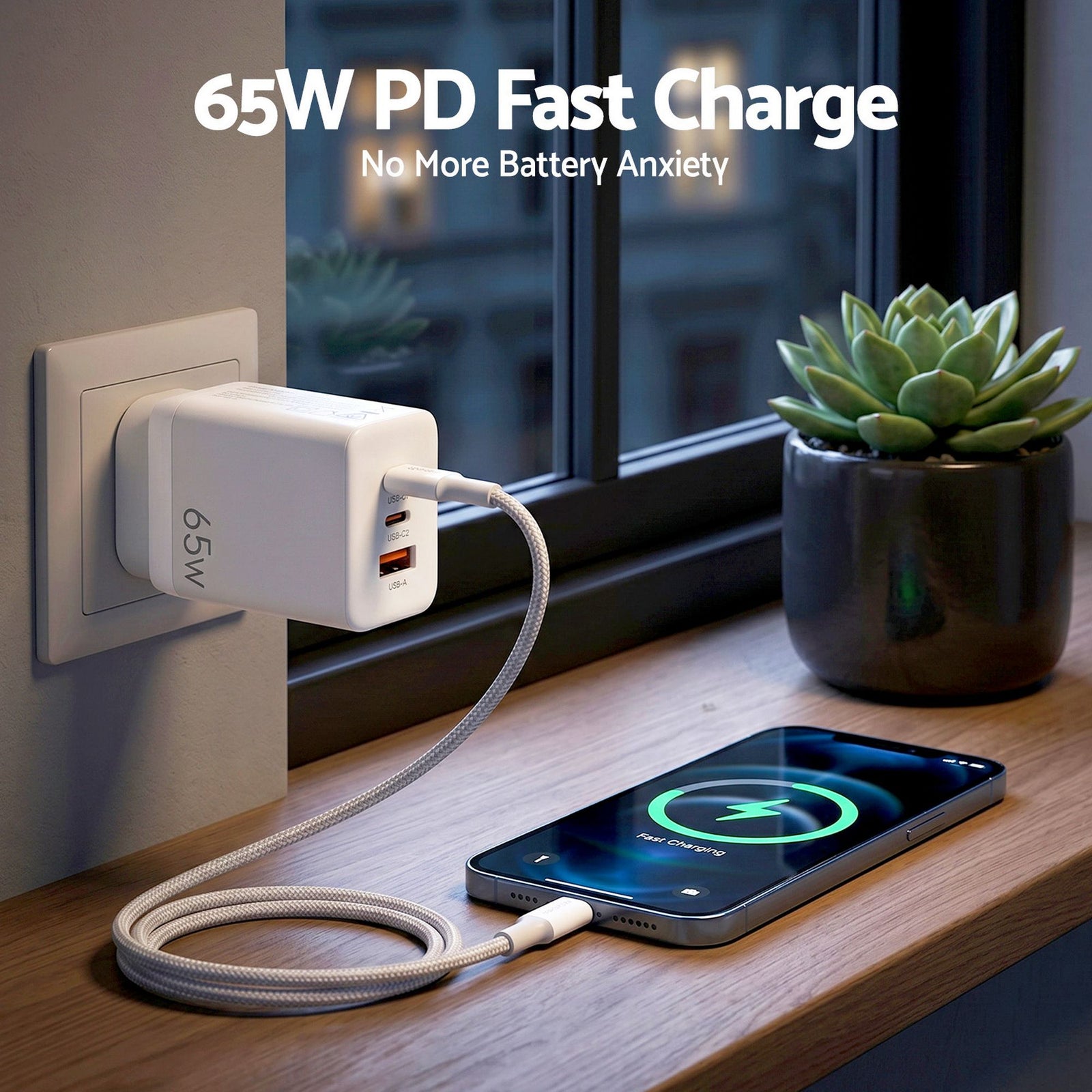 USB C Charger 65W Fast Charger 3 Port PD Wall Adapter White