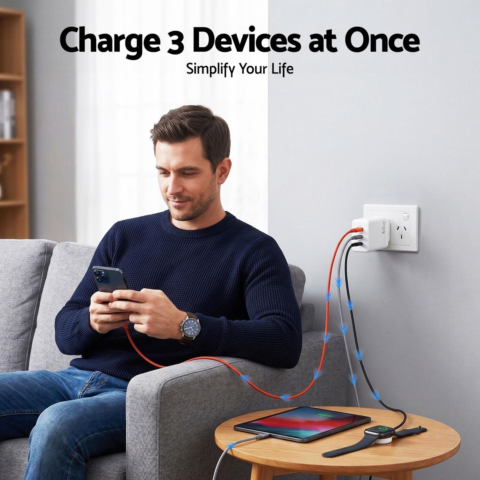 USB C Charger 65W Fast Charger 3 Port PD Wall Adapter White
