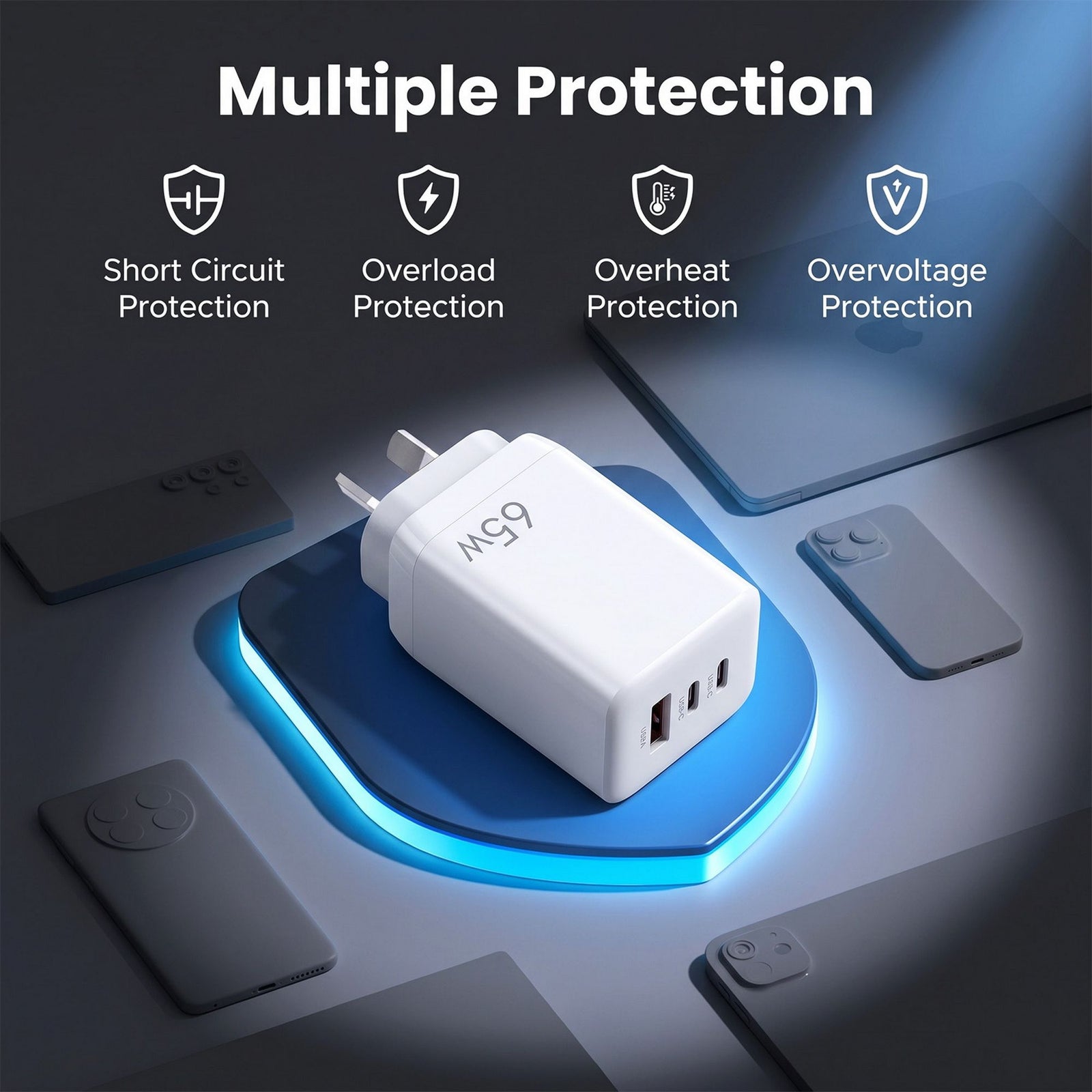 USB C Charger 65W Fast Charger 3 Port PD Wall Adapter White