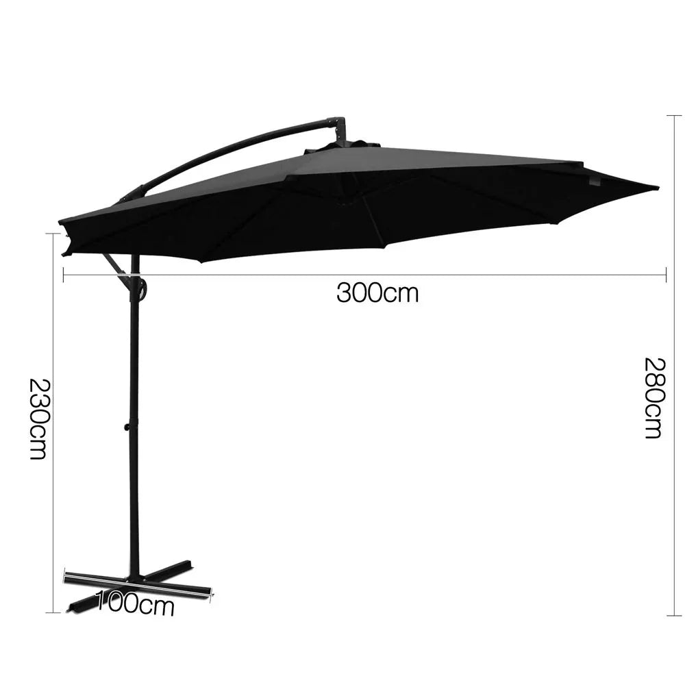3M Cantilever Outdoor Umbrella Side Post Patio Parasol UV50+ Black Steel Frame