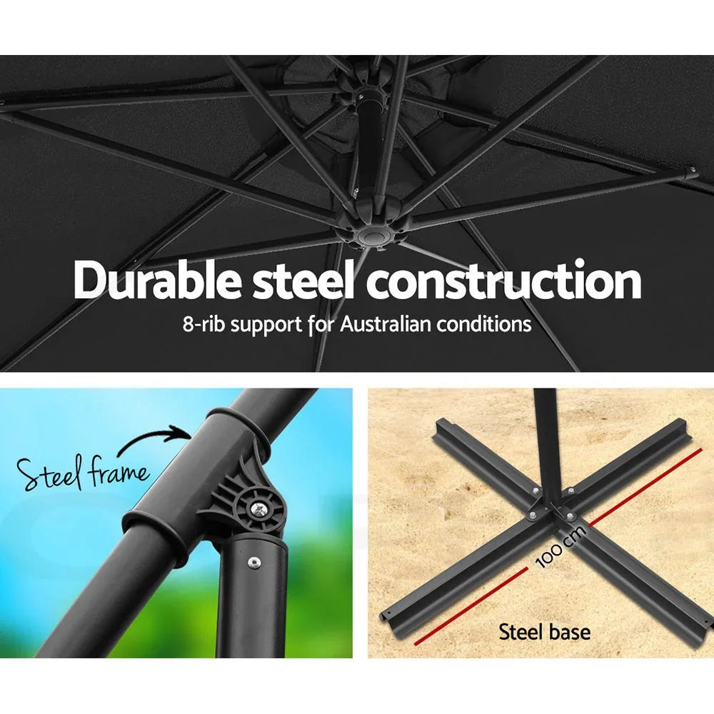 3M Cantilever Outdoor Umbrella Side Post Patio Parasol UV50+ Black Steel Frame