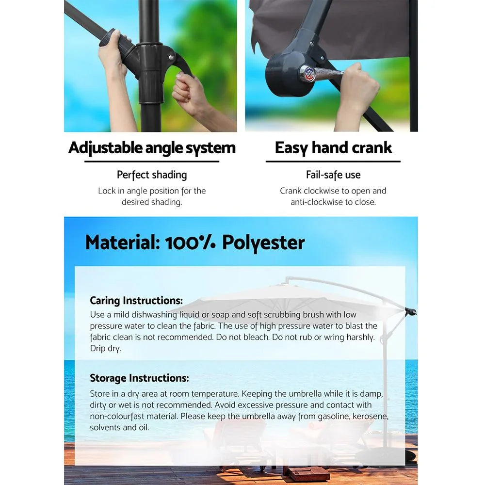 3M Cantilever Outdoor Umbrella Side Post Patio Parasol UV50+ Charcoal