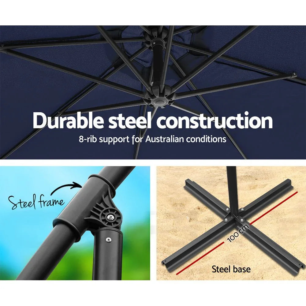 3M Cantilever Outdoor Umbrella Side Post Patio Parasol UV50+ Navy Steel Frame