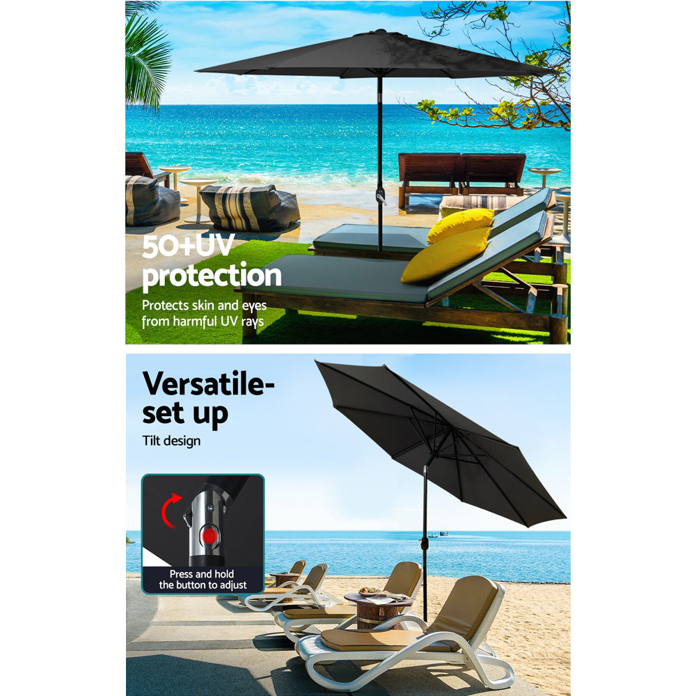 Instahut 2.7m Outdoor Patio Umbrella with Base Tilt Crank UPF50+ Shade Black