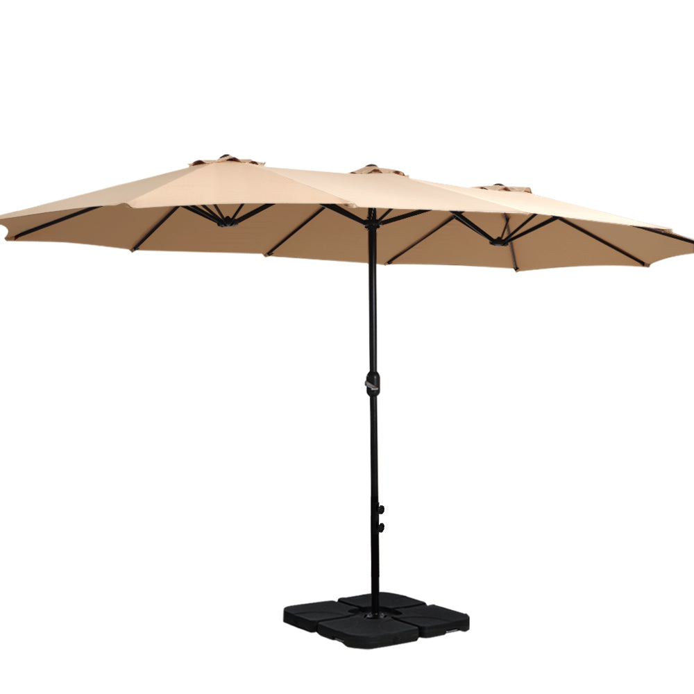 Instahut 4.57m Double-Sided Outdoor Patio Umbrella with Base UPF50+ Crank Beige