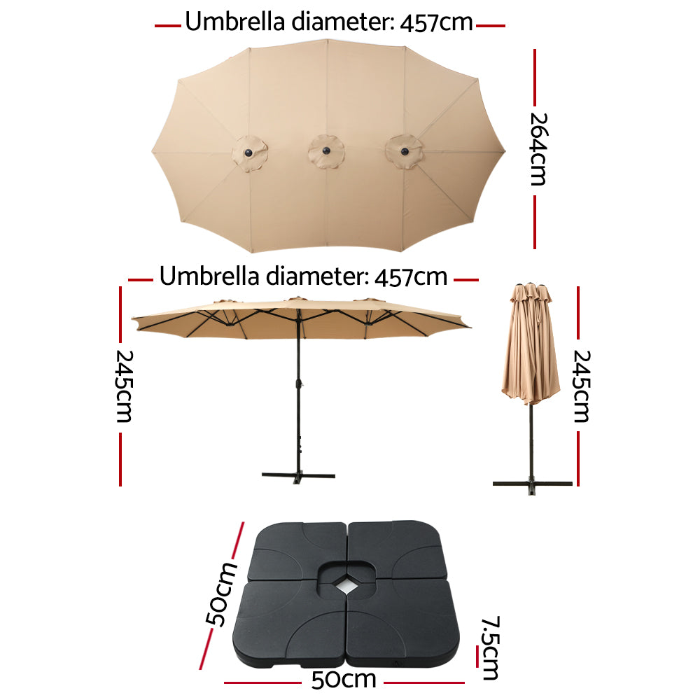 Instahut 4.57m Double-Sided Outdoor Patio Umbrella with Base UPF50+ Crank Beige