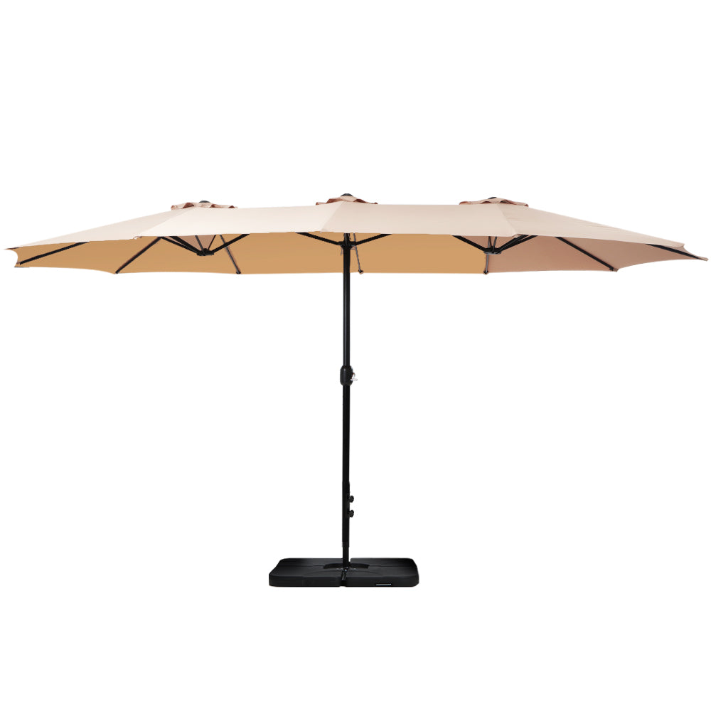 Instahut 4.57m Double-Sided Outdoor Patio Umbrella with Base UPF50+ Crank Beige