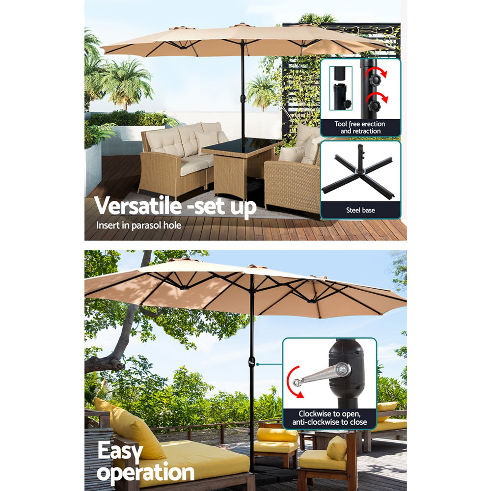 Instahut 4.57m Double-Sided Outdoor Patio Umbrella with Base UPF50+ Crank Beige