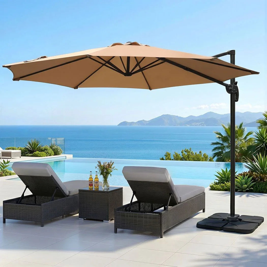 3m Outdoor Umbrella w/Base Cantilever Beach Roma 360 Degree Tilt Beige