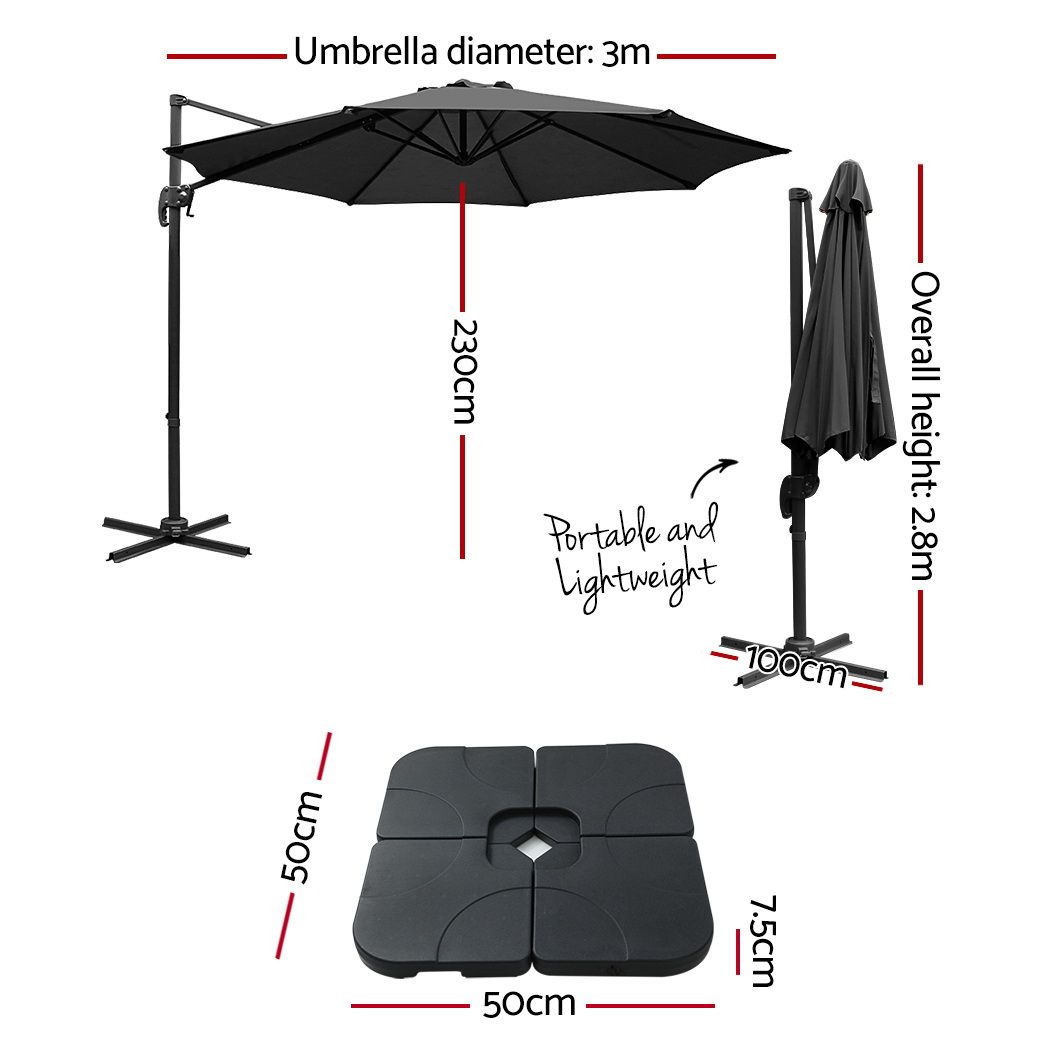 Instahut 3m Roma Cantilever Outdoor Umbrella with Base 360° Rotating UPF50 Black