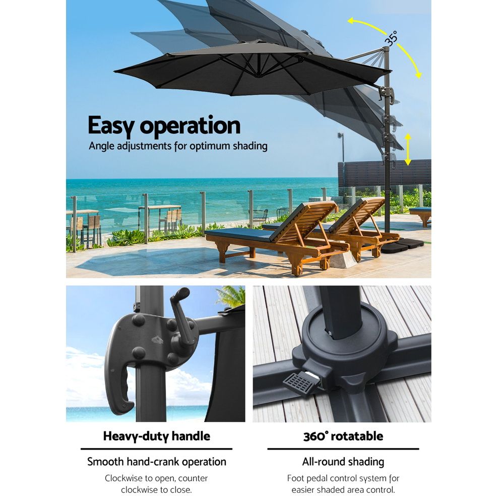 Instahut 3m Roma Cantilever Outdoor Umbrella with Base 360° Rotating UPF50 Black