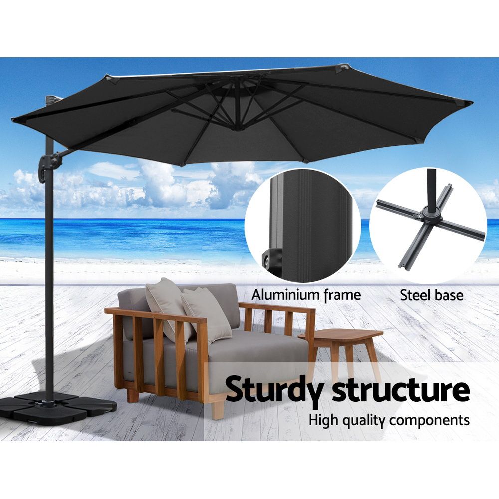 Instahut 3m Roma Cantilever Outdoor Umbrella with Base 360° Rotating UPF50 Black