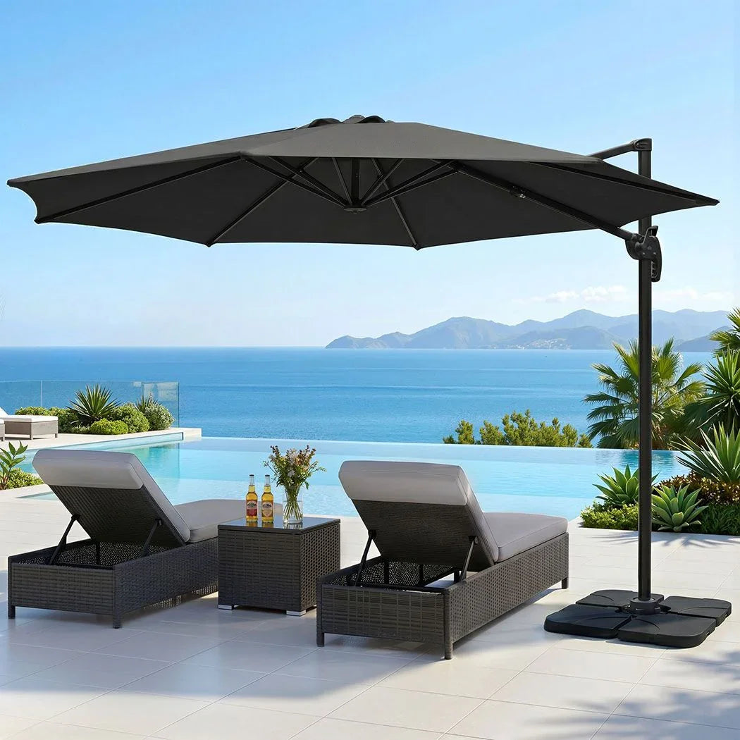 3m Outdoor Umbrella w/Base Cantilever Beach Roma 360 Degree Tilt Charcoal