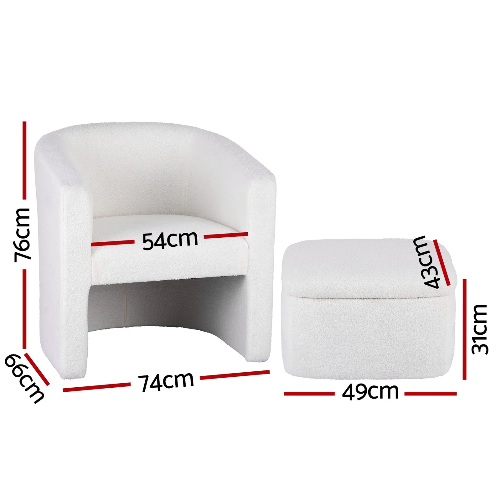 Armchair Accent Chair w/Ottoman Lounge Footrest Storage Boucle White
