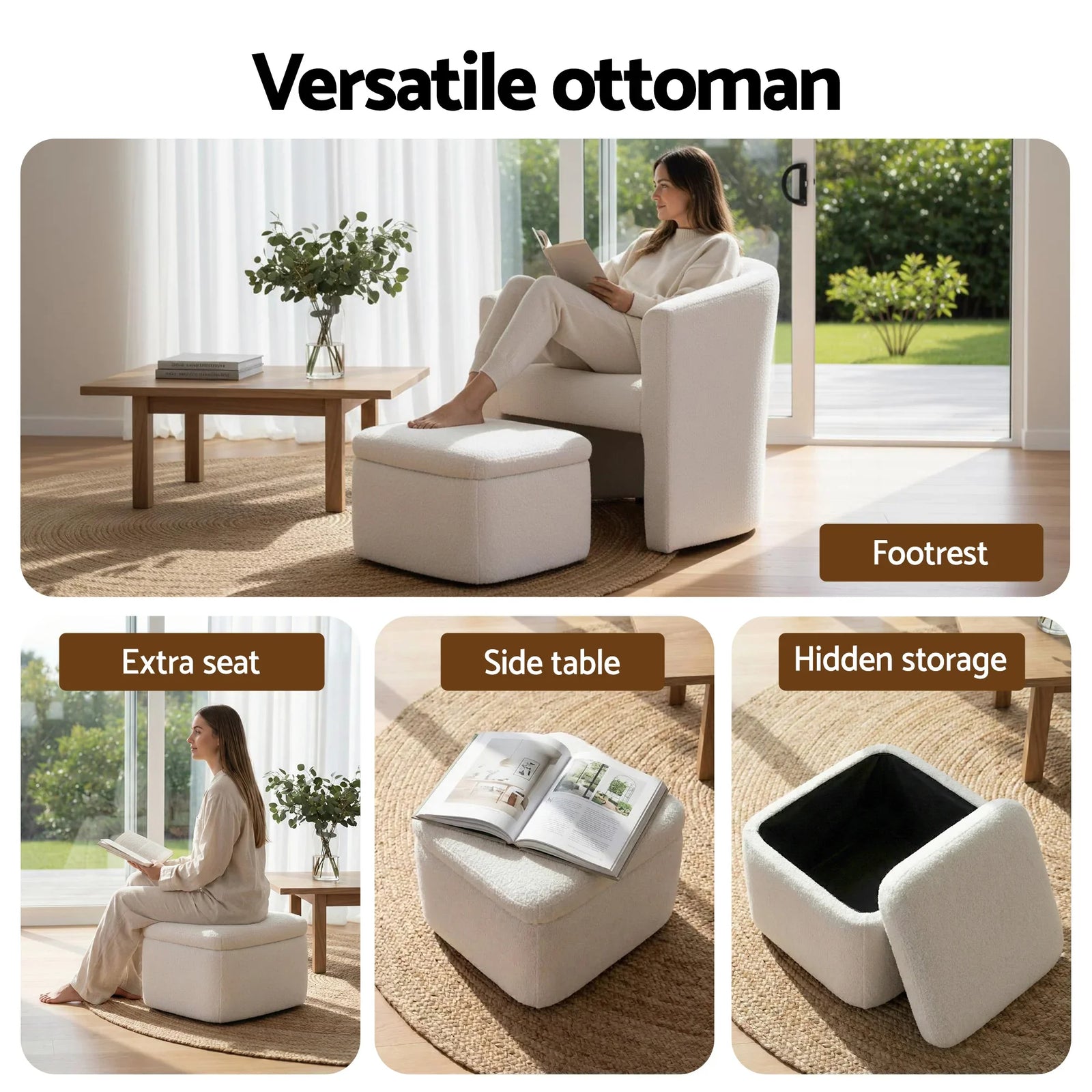 Armchair Accent Chair w/Ottoman Lounge Footrest Storage Boucle White