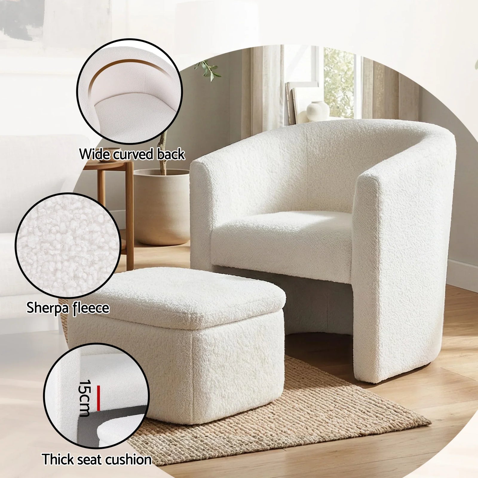 Armchair Accent Chair w/Ottoman Lounge Footrest Storage Boucle White