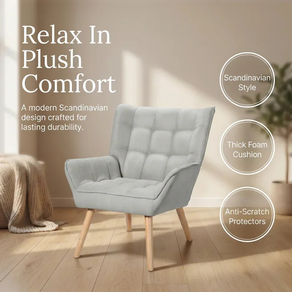 Cindy Armchair – Faux Linen Fabric, Rubberwood Legs, Grey