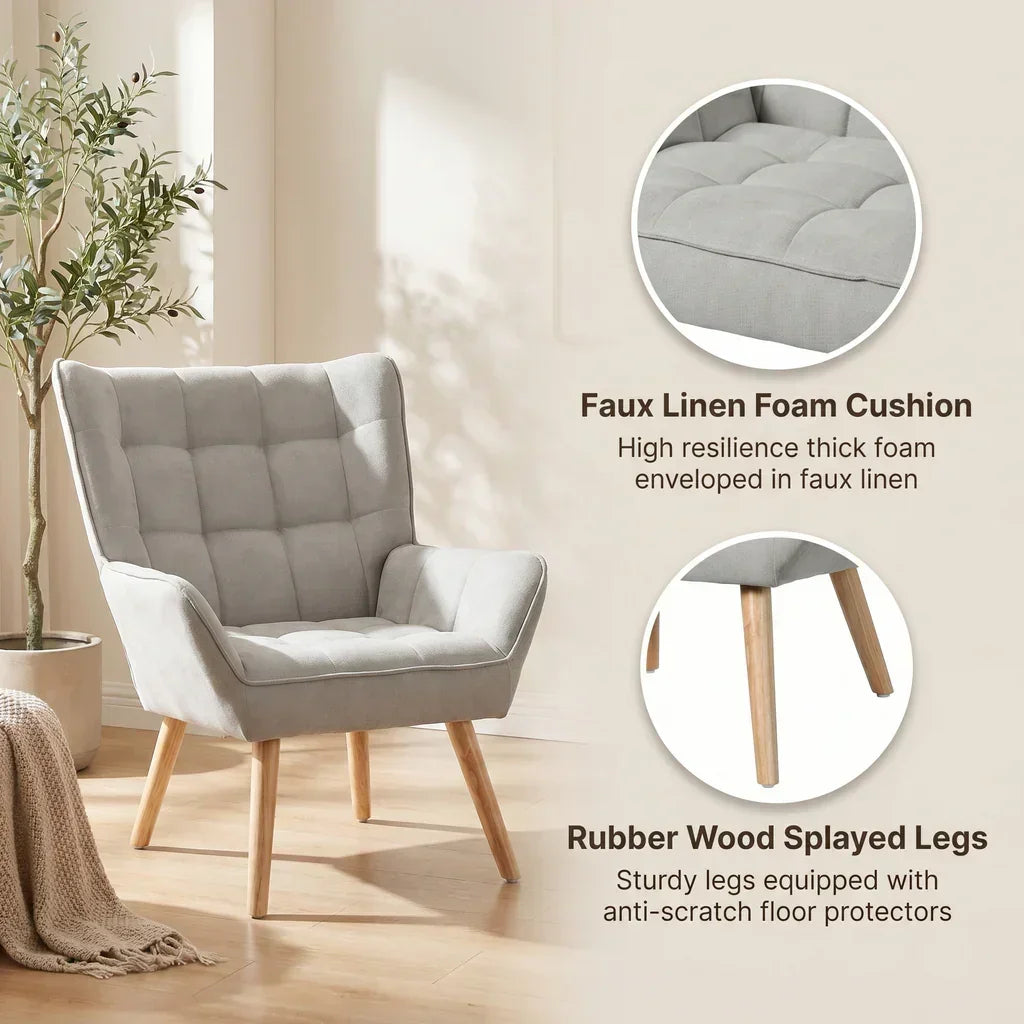 Cindy Armchair – Faux Linen Fabric, Rubberwood Legs, Grey