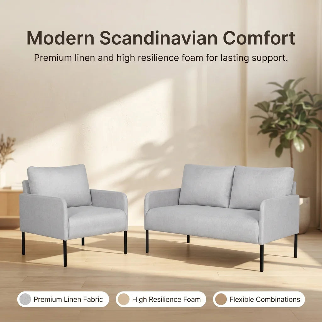 Artiss Kane Sofa Set – 4 Seater, Linen, Metal Frame, Scandinavian Grey
