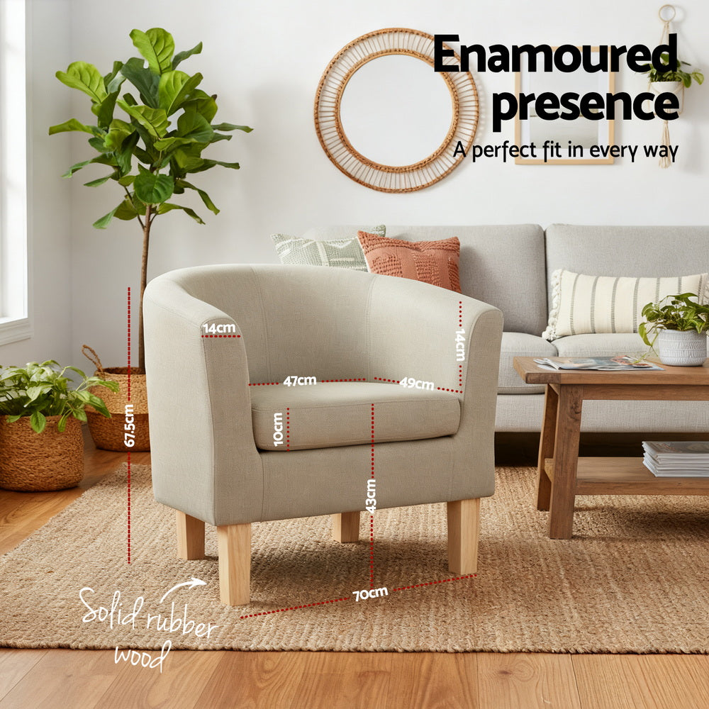 Abby Armchair Linen Accent Chair Beige Wooden Frame Extra Thick Foam