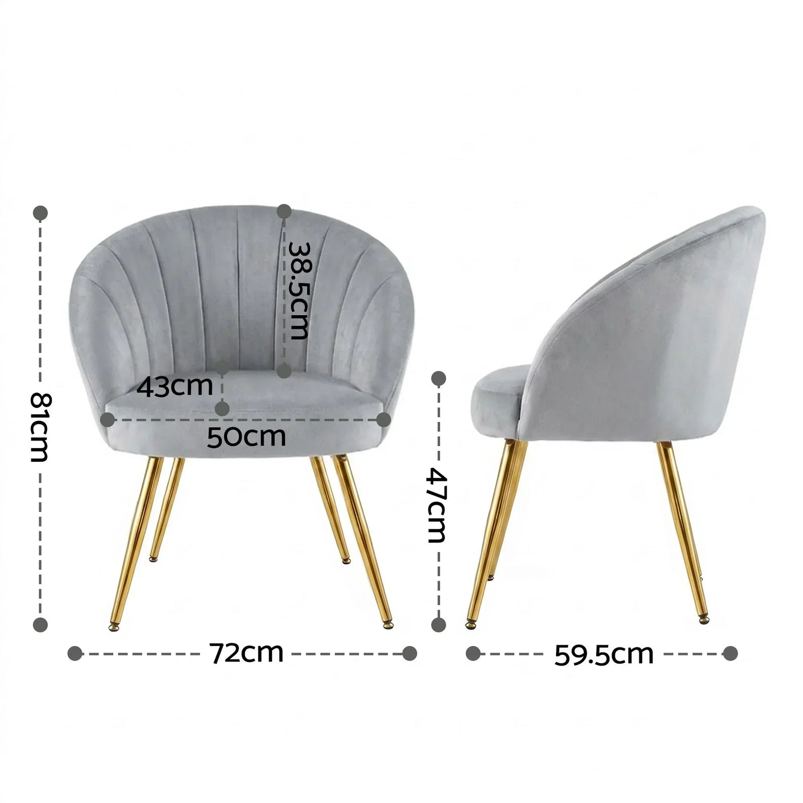 Eloise Armchair – Velvet Upholstery, Gold Splayed Legs, Wide Back, Grey