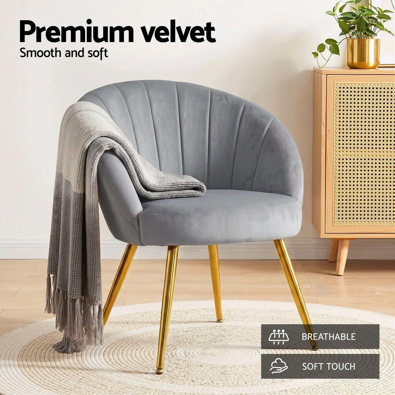 Eloise Armchair – Velvet Upholstery, Gold Splayed Legs, Wide Back, Grey
