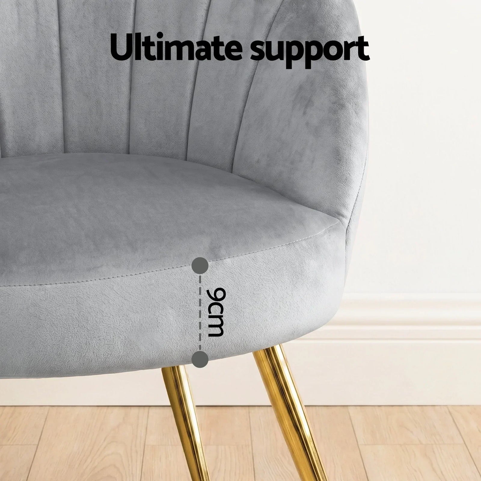 Eloise Armchair – Velvet Upholstery, Gold Splayed Legs, Wide Back, Grey