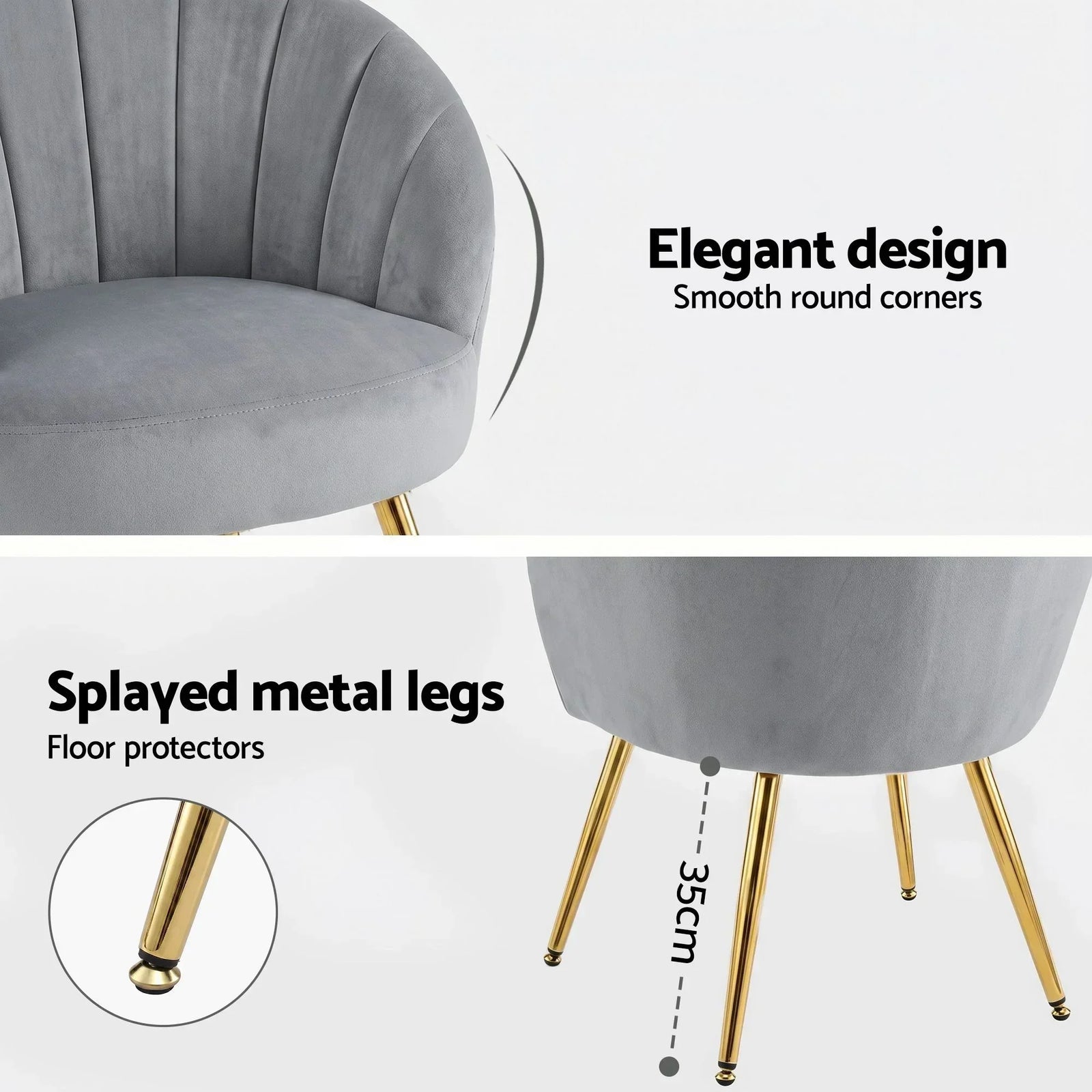 Eloise Armchair – Velvet Upholstery, Gold Splayed Legs, Wide Back, Grey
