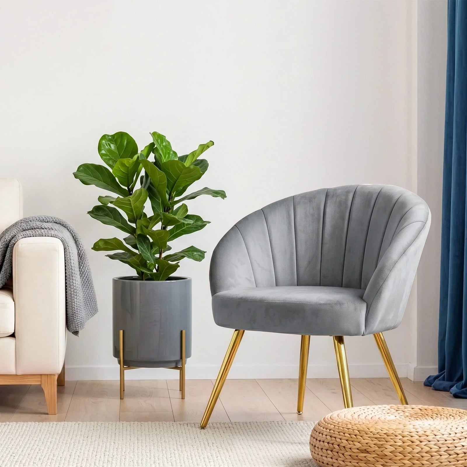 Eloise Armchair – Velvet Upholstery, Gold Splayed Legs, Wide Back, Grey