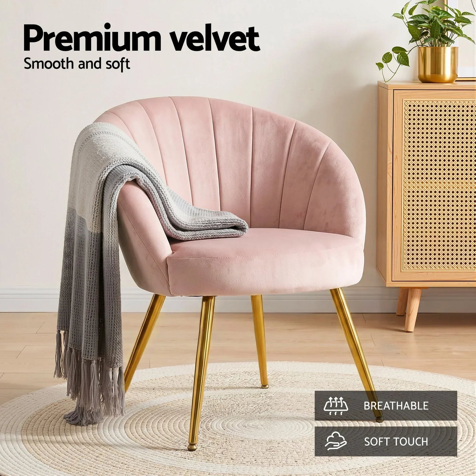 Eloise Armchair – Velvet Accent Chair, Wide Back, Gold Legs, Pink