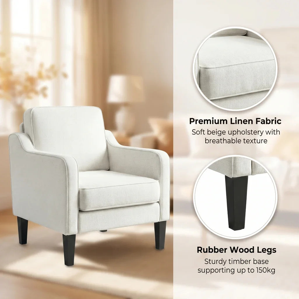 Linen Accent Armchair – Curved Armrests, Rubberwood Legs, Beige, 150kg