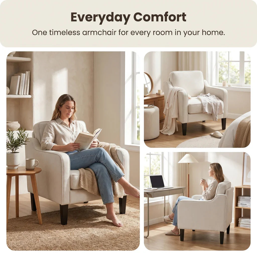 Linen Accent Armchair – Curved Armrests, Rubberwood Legs, Beige, 150kg
