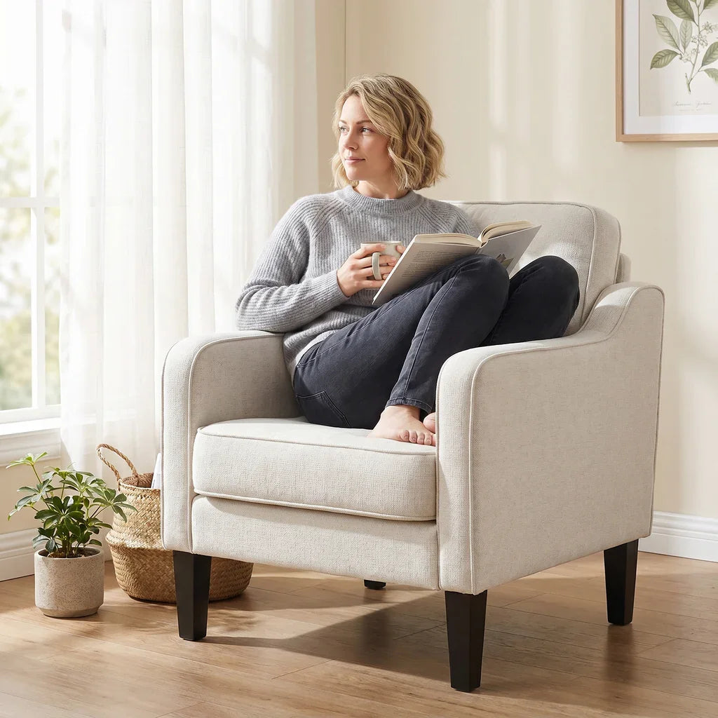Linen Accent Armchair – Curved Armrests, Rubberwood Legs, Beige, 150kg