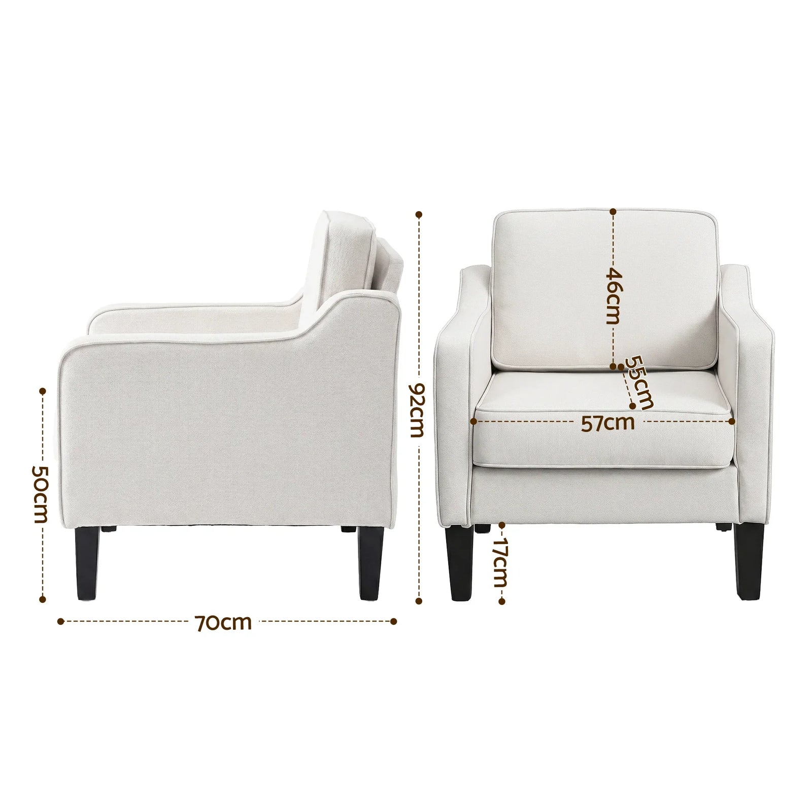 Linen Accent Armchair – Curved Armrests, Rubberwood Legs, Beige, 150kg