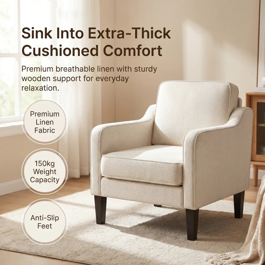Linen Accent Armchair – Curved Armrests, Rubberwood Legs, Beige, 150kg